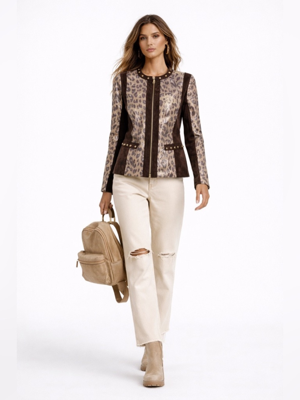 Animal Leopard Print Leather Suede Jacket Studded Military Style Zip Front M - Picture 8 of 17